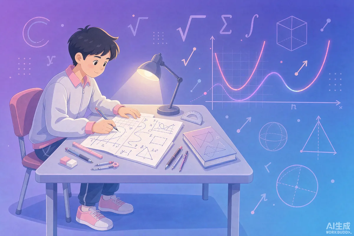 高中生正在练习数学试卷,周围环绕数学公式与函数图像